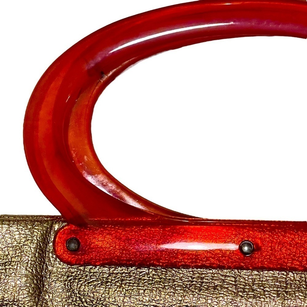 Vintage 60s Large Gold Metallic Tote Bag Clutch Purse With Orange Lucite Handles - Picture 7 of 10